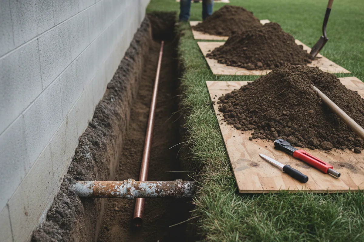 Excavated water line trench during Water Softener Installation in Niles